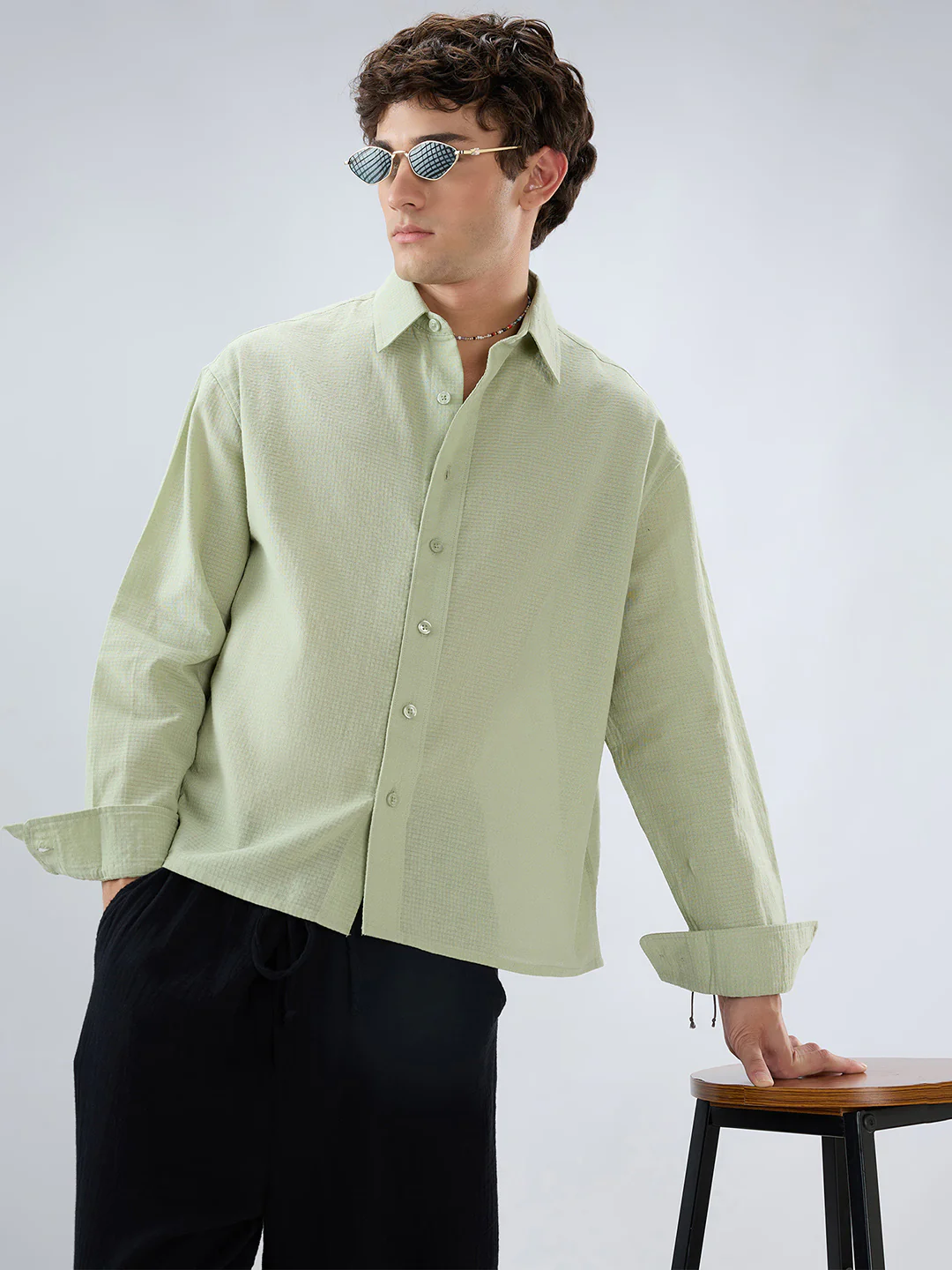Sage Green Micro Weave Boxy Fit Crop Shirt