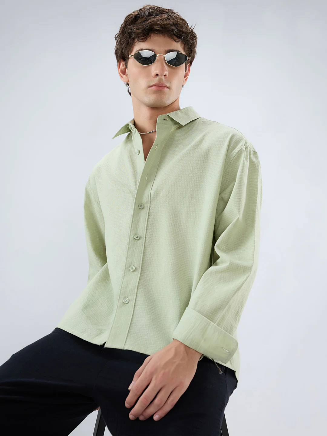 Sage Green Micro Weave Boxy Fit Crop Shirt - Image 4