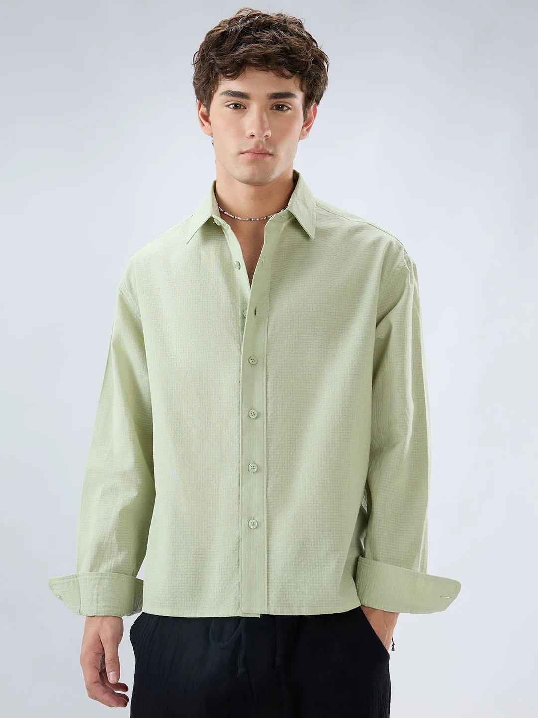 Sage Green Micro Weave Boxy Fit Crop Shirt - Image 5