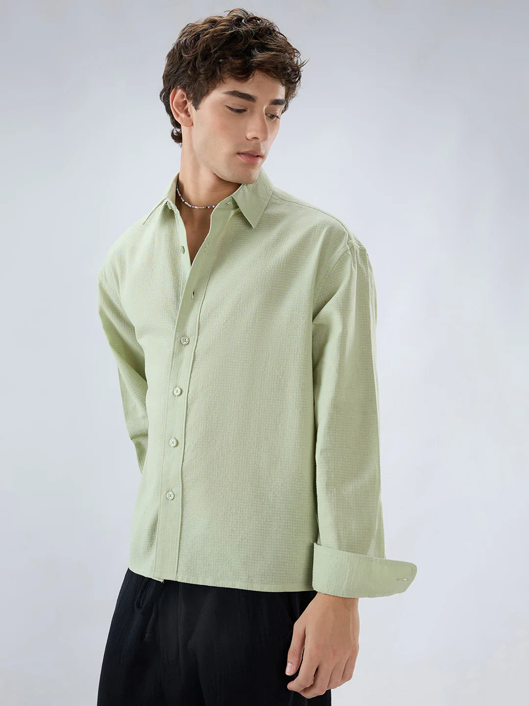 Sage Green Micro Weave Boxy Fit Crop Shirt - Image 6