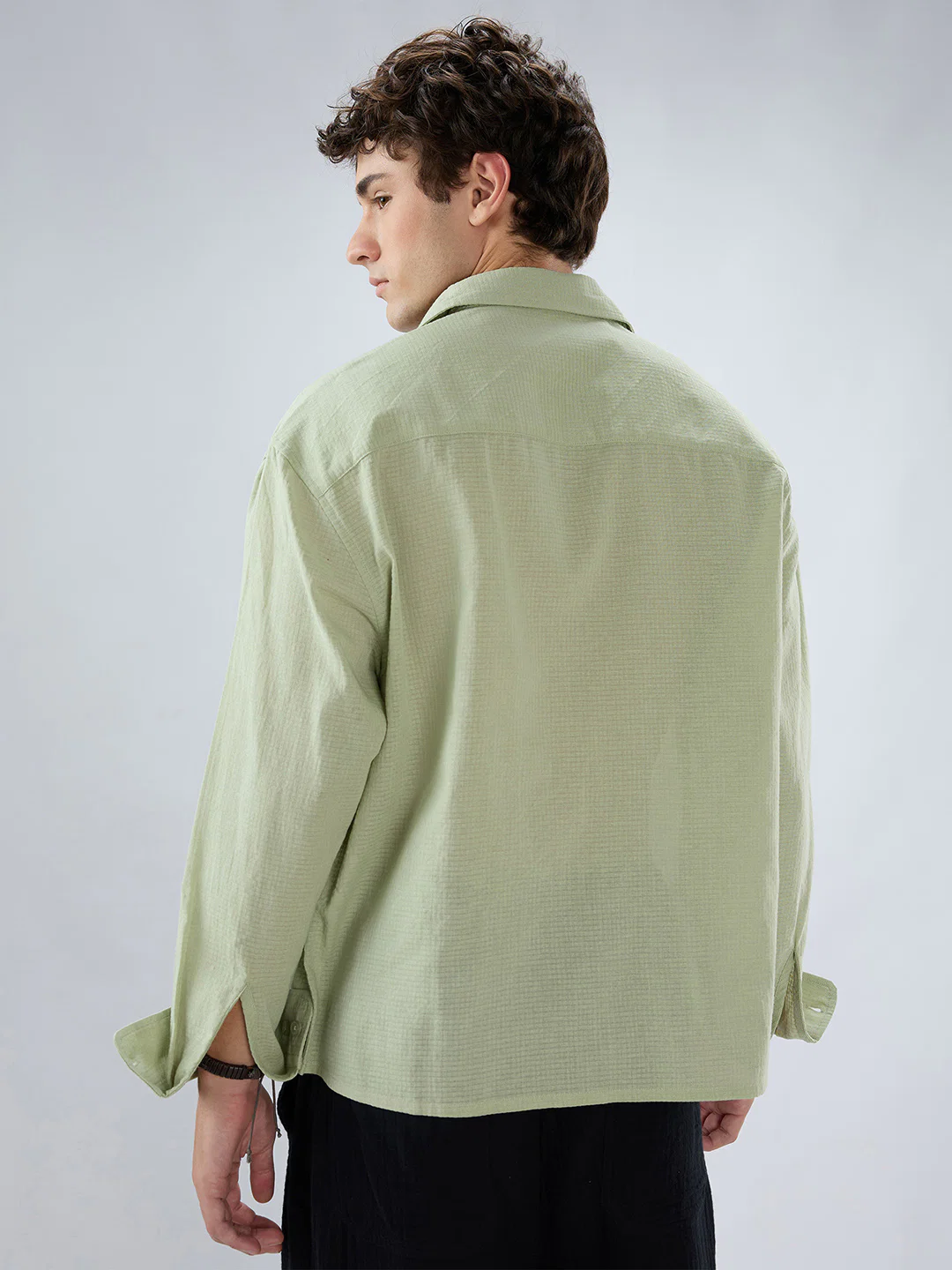 Sage Green Micro Weave Boxy Fit Crop Shirt - Image 7