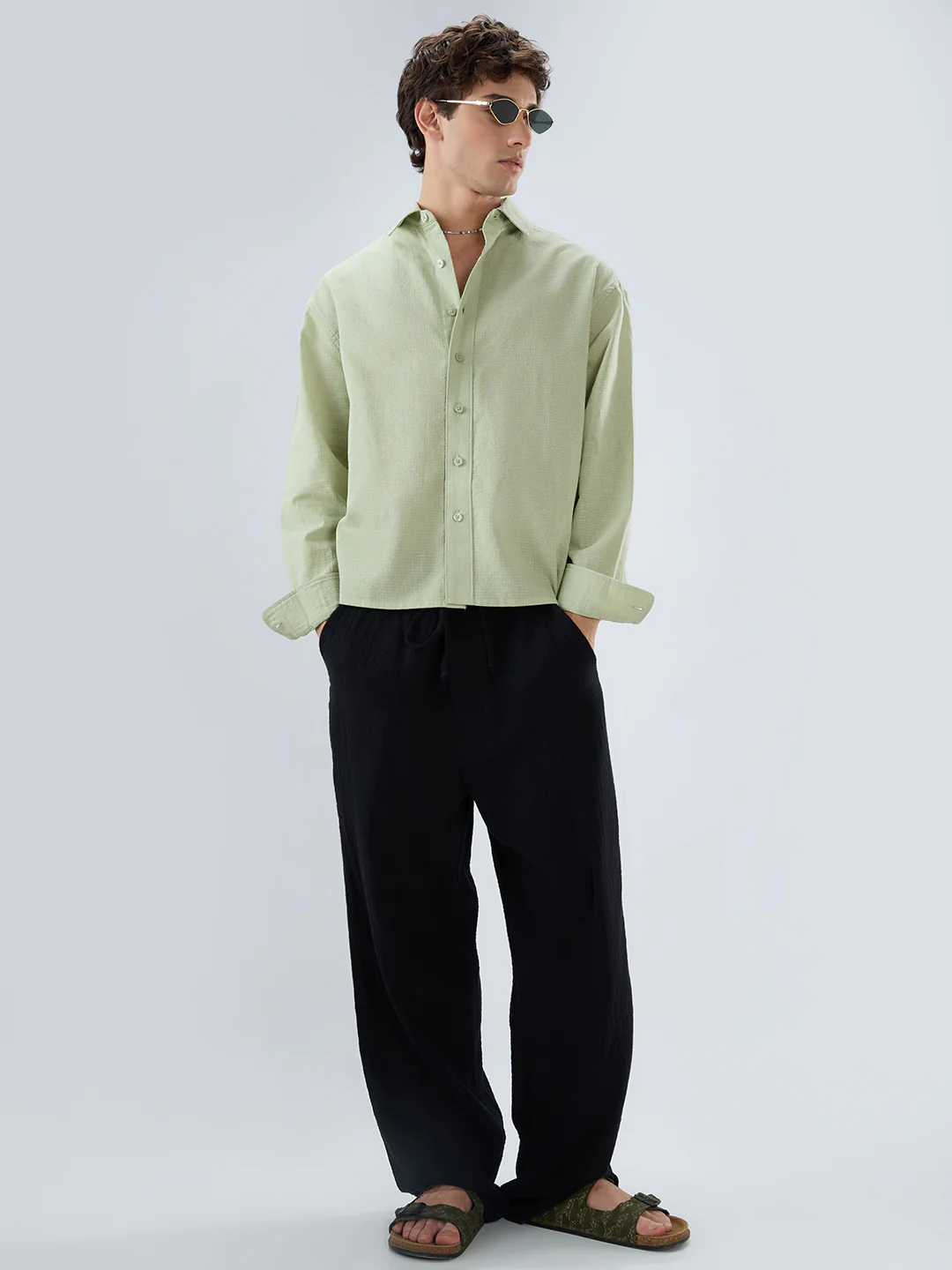 Sage Green Micro Weave Boxy Fit Crop Shirt - Image 8