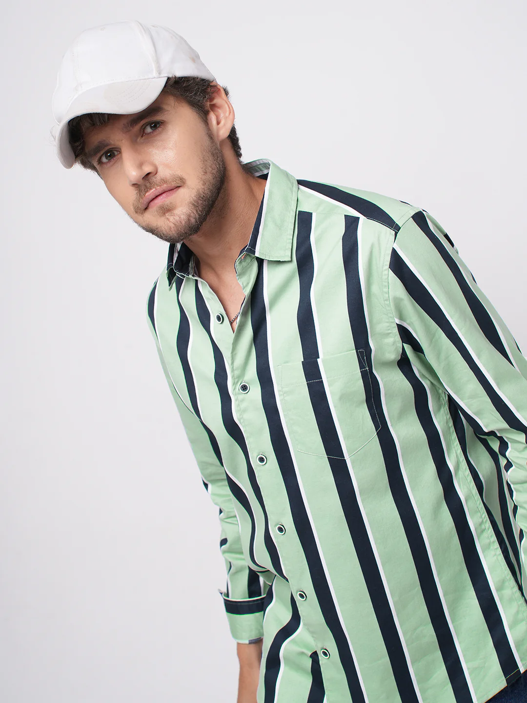 Sage Green & Navy Harbour Striped Shirt - Image 2