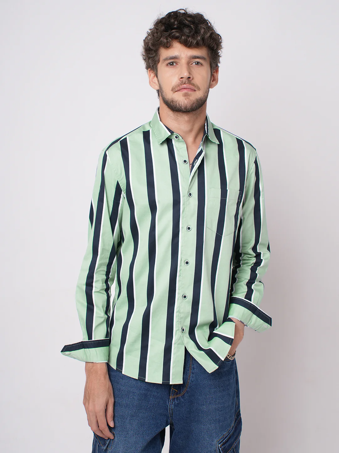 Sage Green & Navy Harbour Striped Shirt - Image 4
