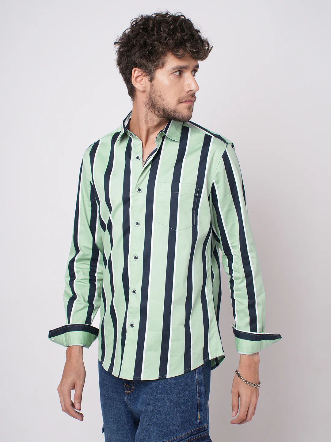 Sage Green & Navy Harbour Striped Shirt - Image 5