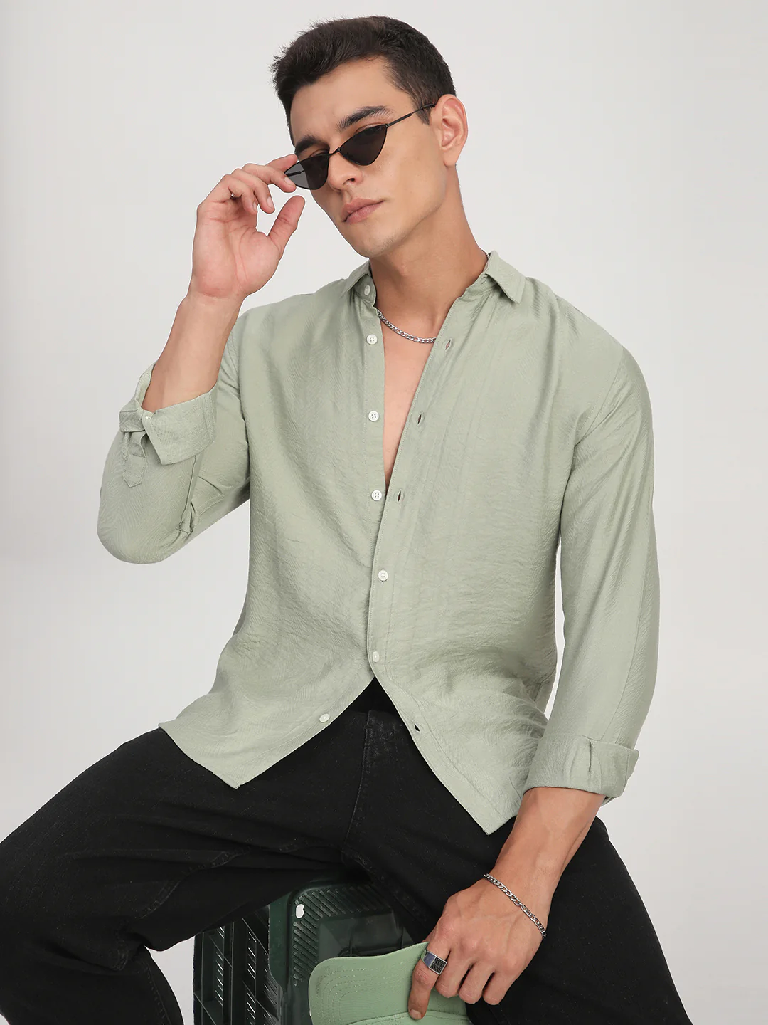 Sage Green Rhythmic Wave Jacquard Shirt