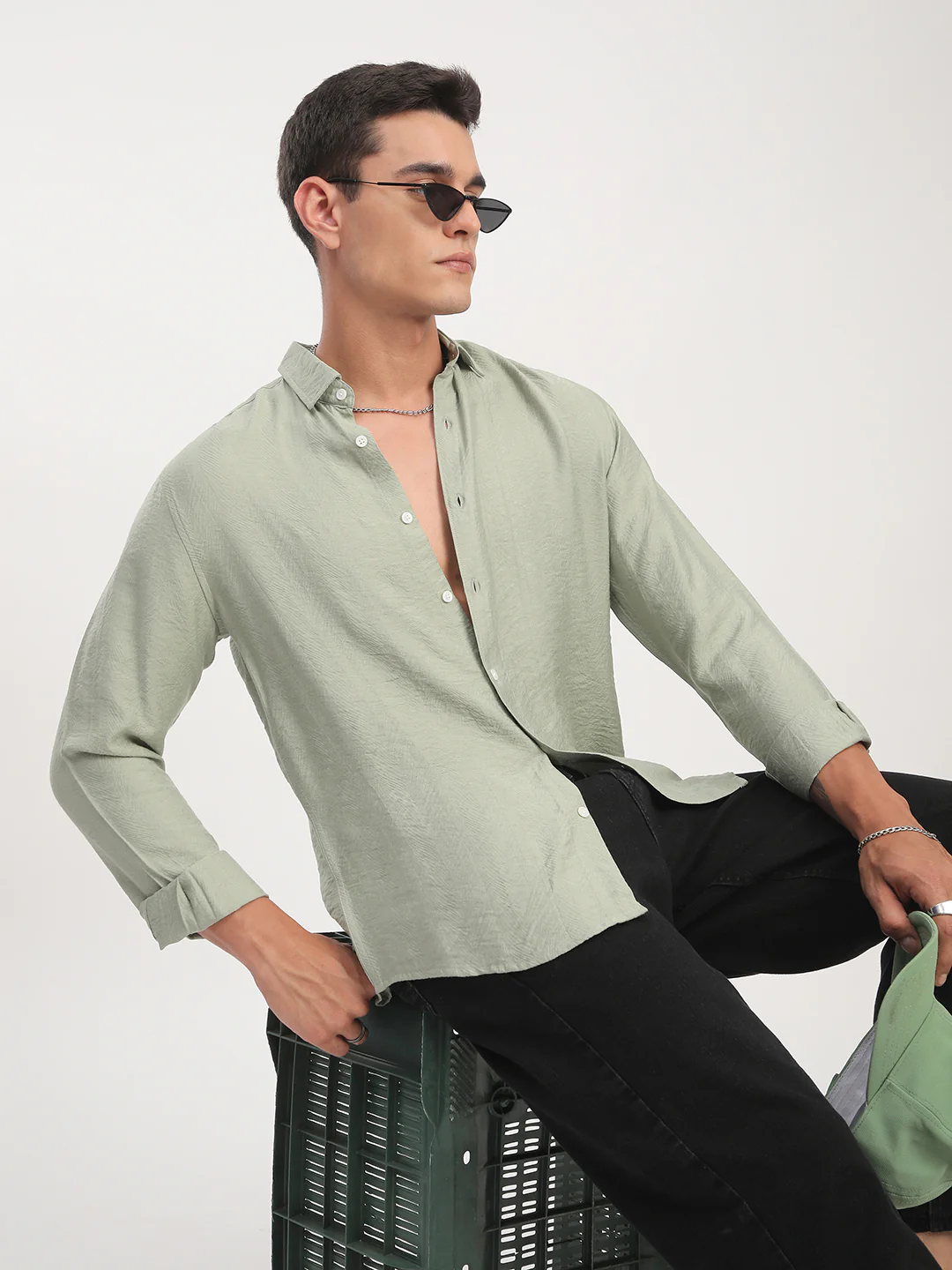 Sage Green Rhythmic Wave Jacquard Shirt - Image 2