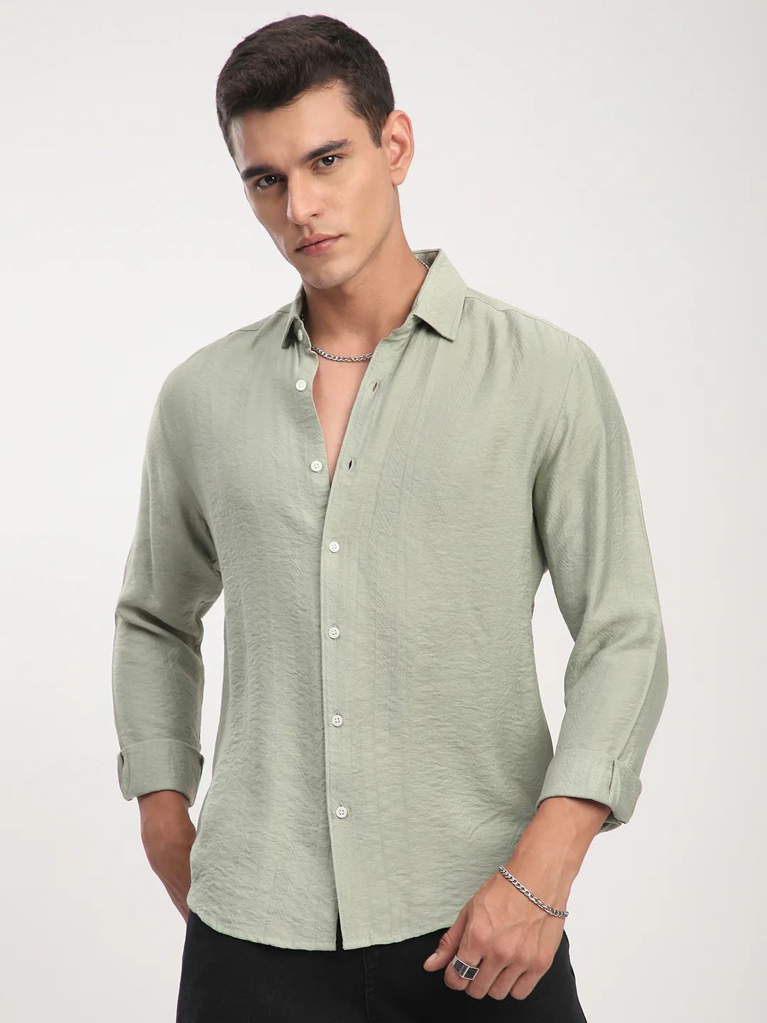 Sage Green Rhythmic Wave Jacquard Shirt - Image 4