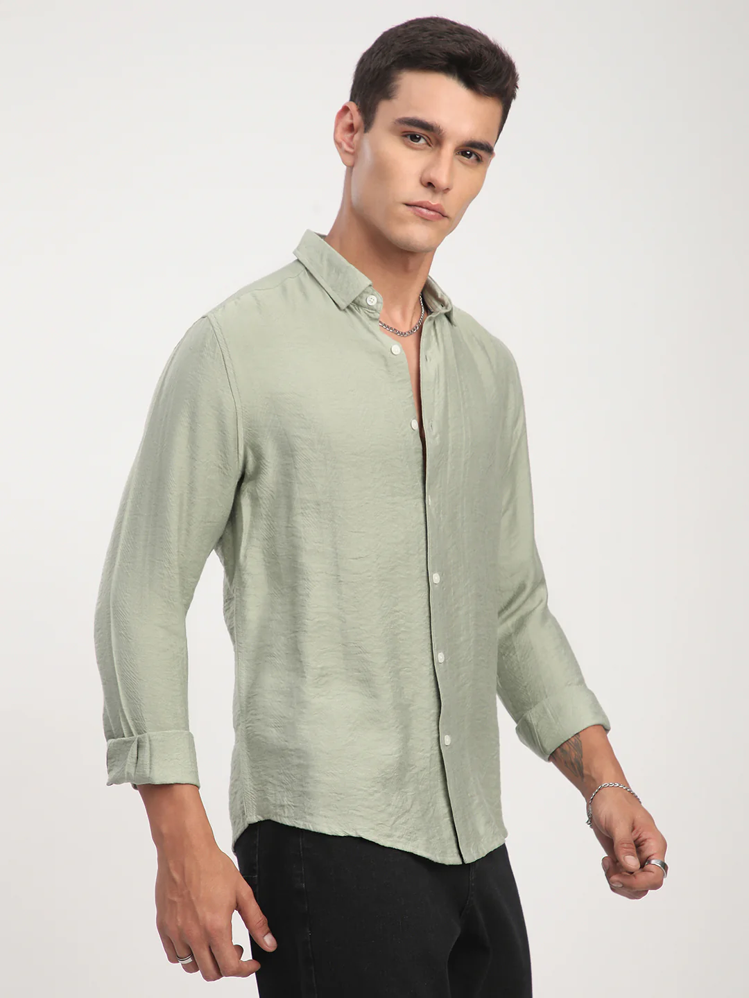 Sage Green Rhythmic Wave Jacquard Shirt - Image 5