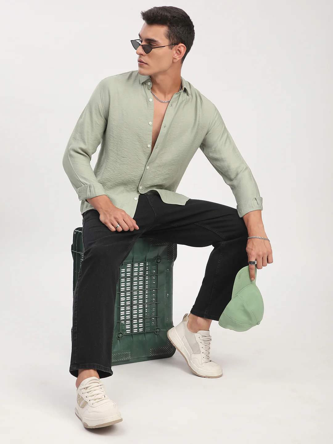 Sage Green Rhythmic Wave Jacquard Shirt - Image 7