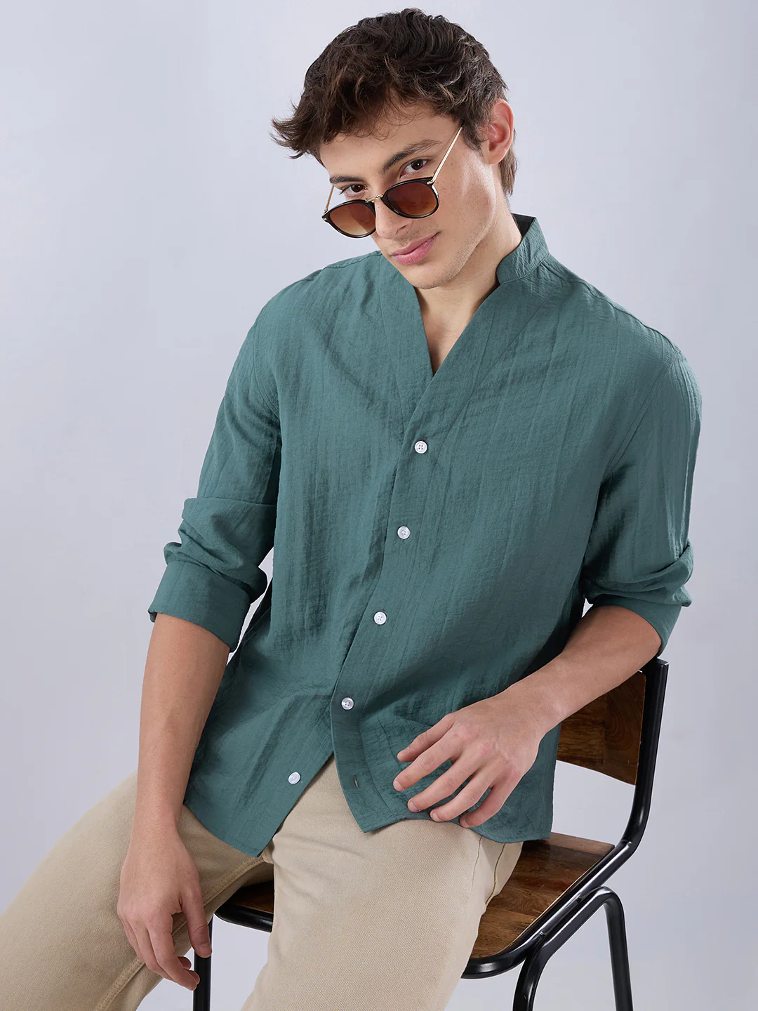 Sage Green Stand Collar Oversized Shirt - Image 2