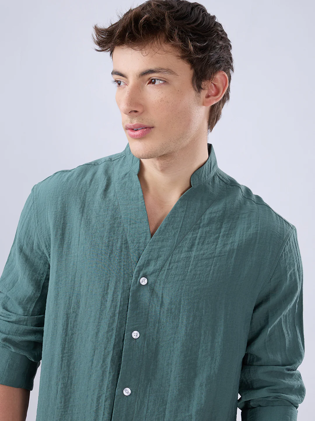 Sage Green Stand Collar Oversized Shirt - Image 3