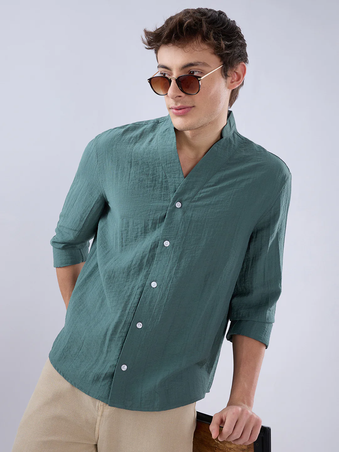 Sage Green Stand Collar Oversized Shirt - Image 4