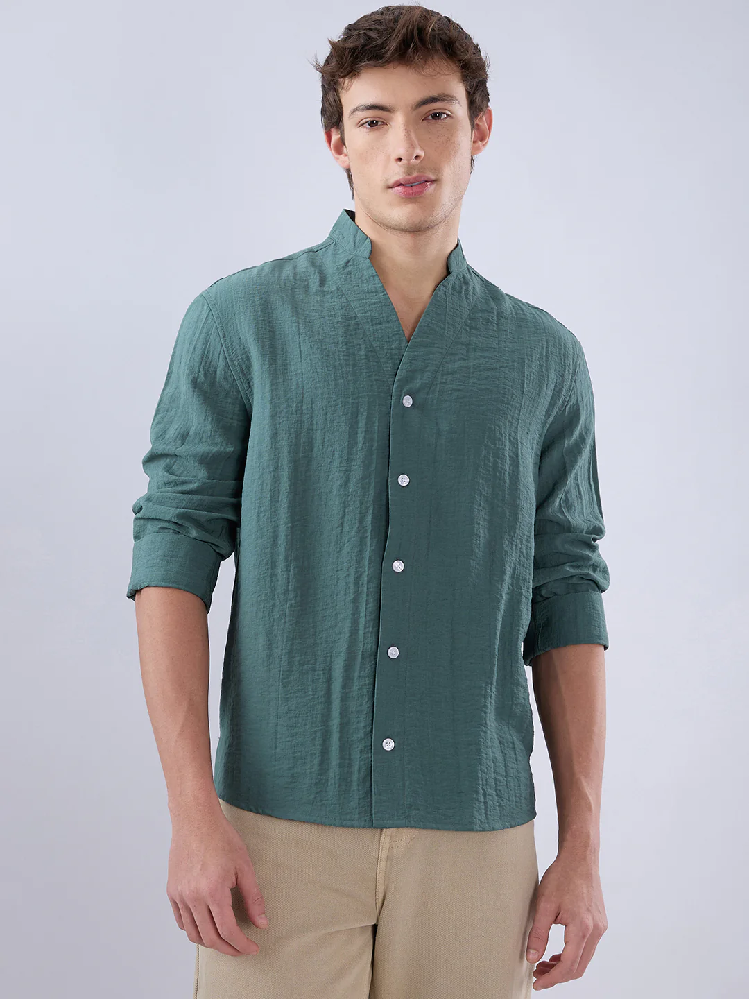 Sage Green Stand Collar Oversized Shirt - Image 5