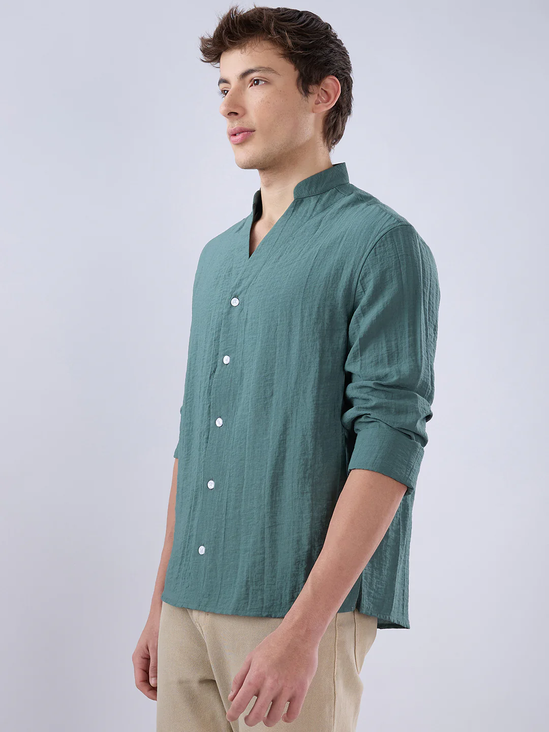Sage Green Stand Collar Oversized Shirt - Image 6