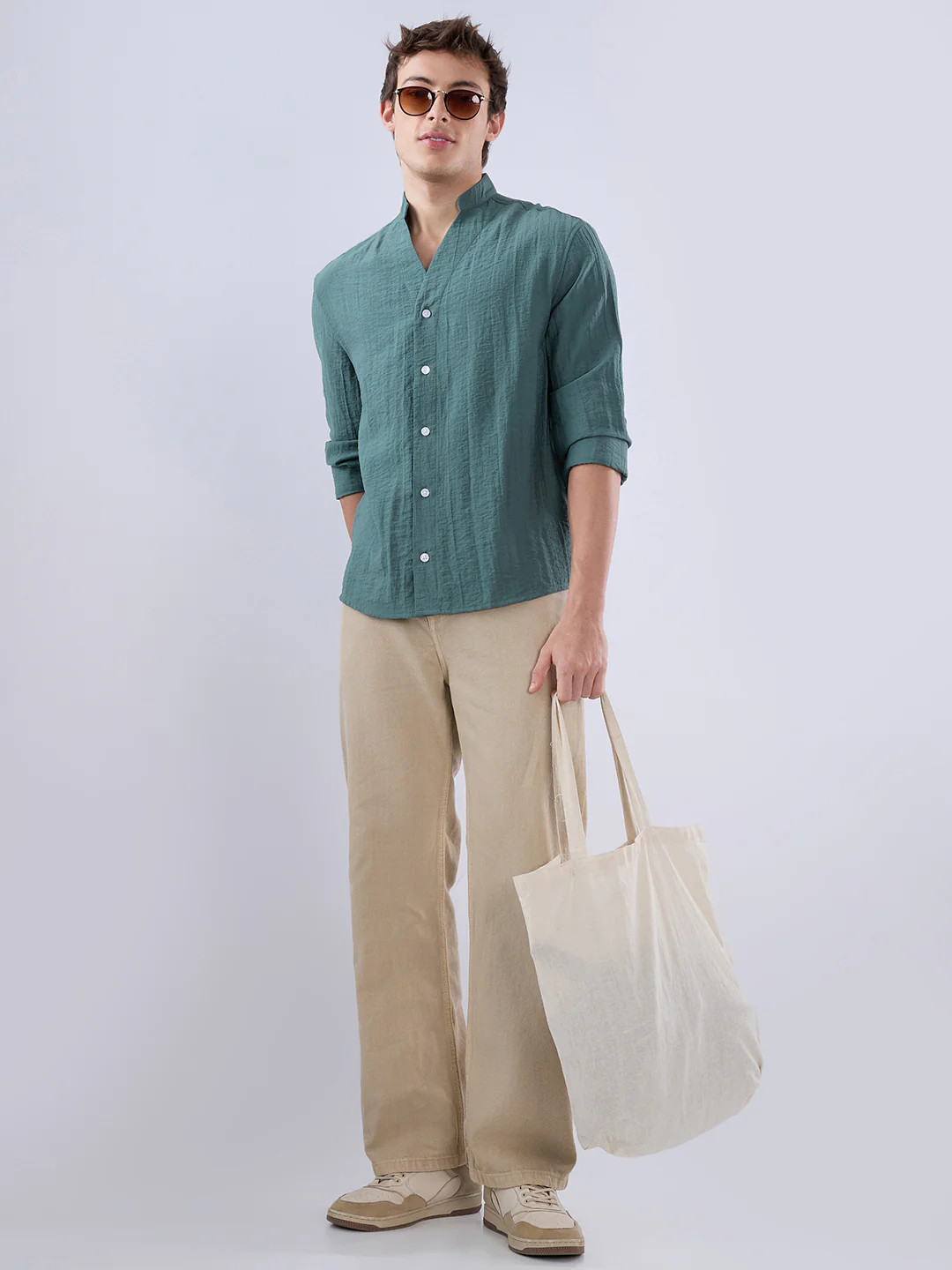Sage Green Stand Collar Oversized Shirt - Image 8