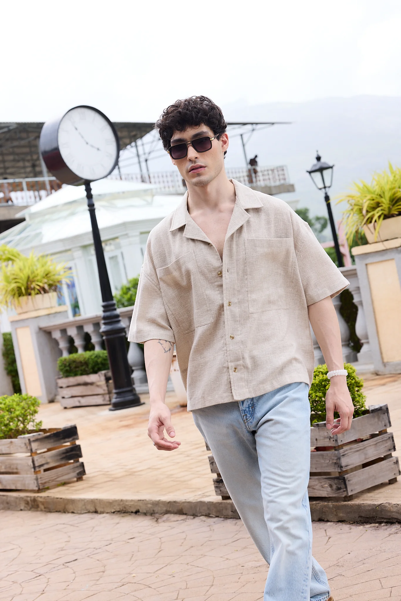 Sahara Beige Vacation Luxe Oversized Twin Pocket Crop Shirt - Image 3