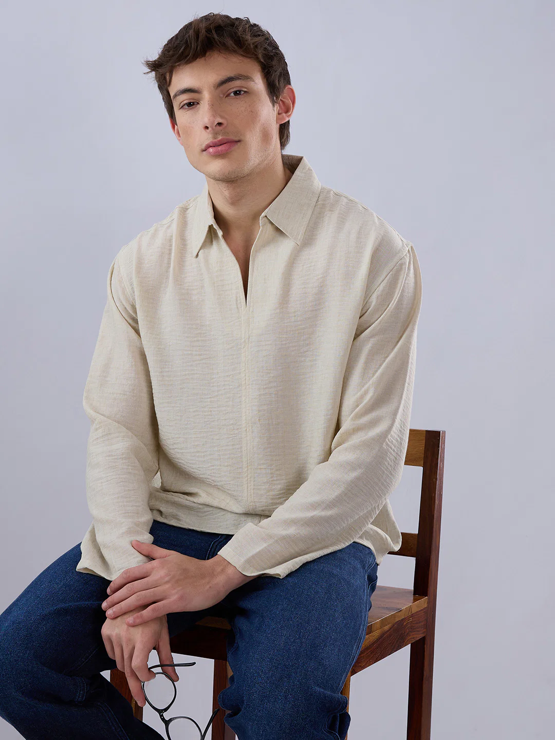 Sand Beige Crinkled Center Seam Oversized Polo Shirt - Image 4