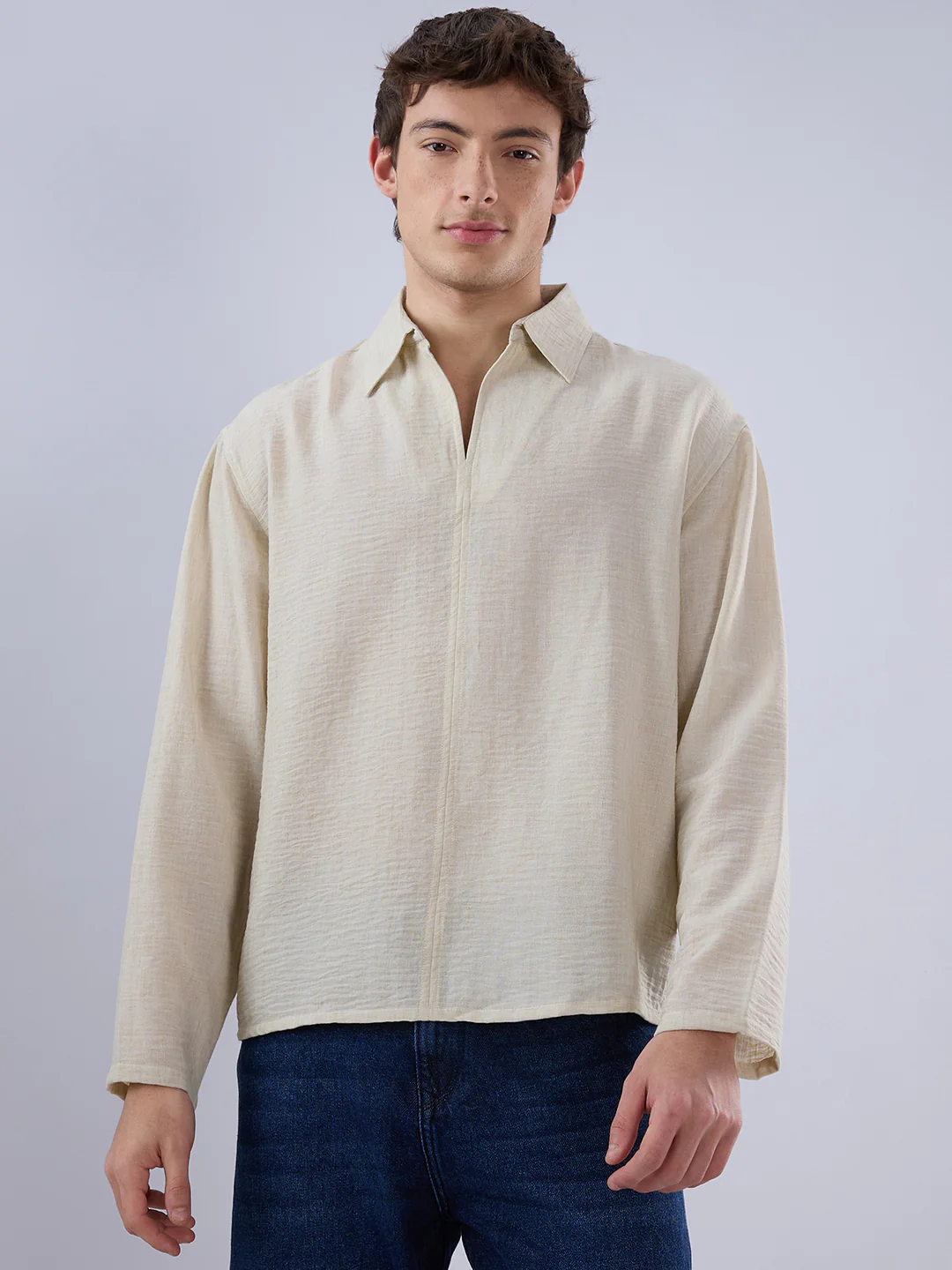 Sand Beige Crinkled Center Seam Oversized Polo Shirt - Image 5