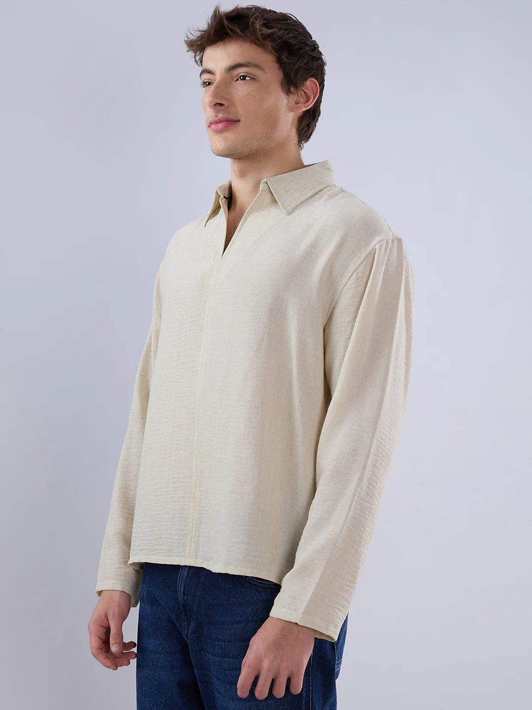 Sand Beige Crinkled Center Seam Oversized Polo Shirt - Image 6
