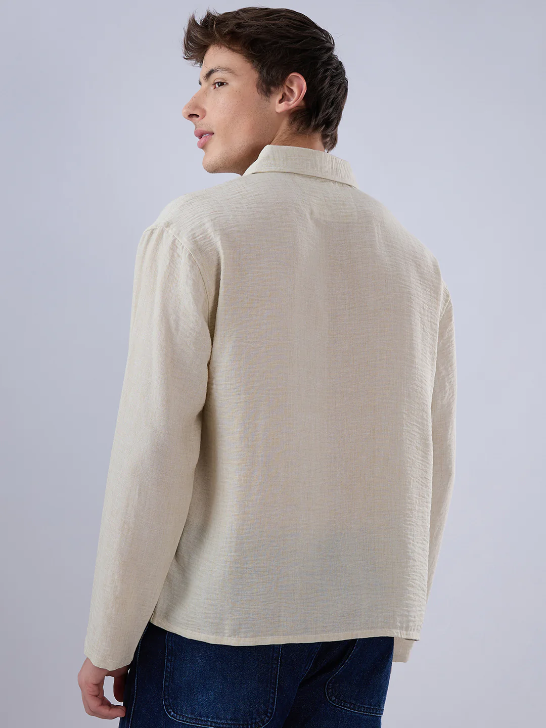 Sand Beige Crinkled Center Seam Oversized Polo Shirt - Image 7