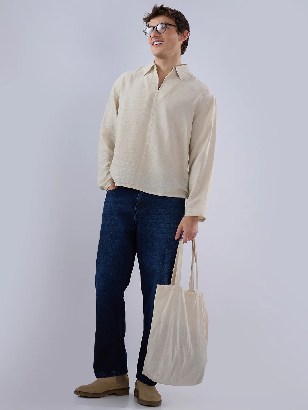 Sand Beige Crinkled Center Seam Oversized Polo Shirt - Image 8