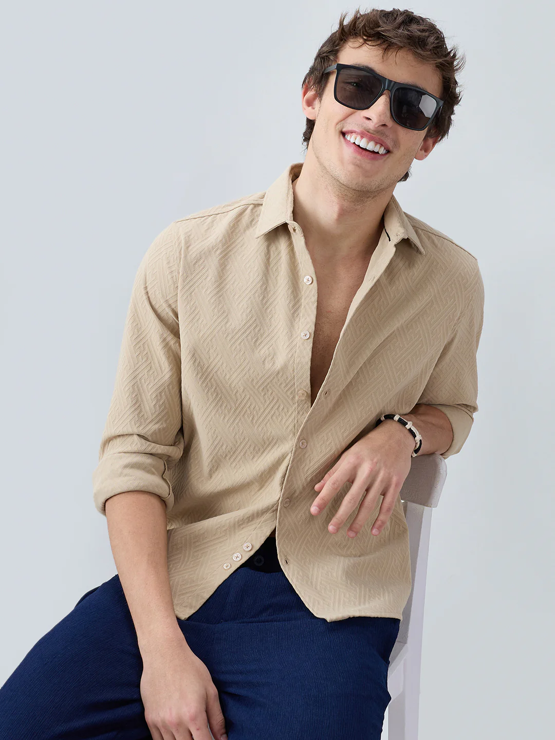 Sand Beige Interlock Maze Weave Knitted Shirt - Image 4