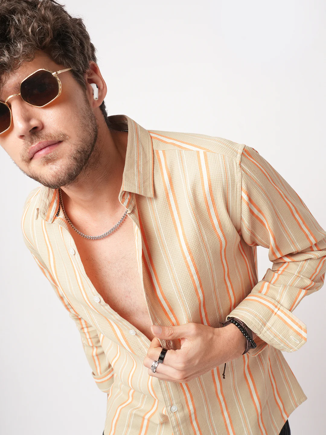 Sand Beige & Orange Striped Waffle Shirt - Image 2