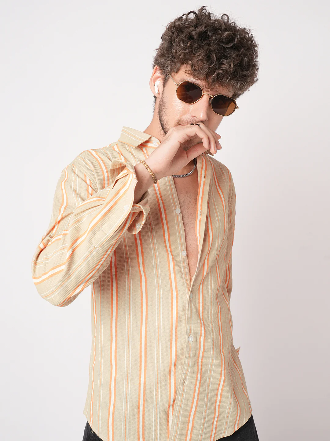 Sand Beige & Orange Striped Waffle Shirt - Image 4