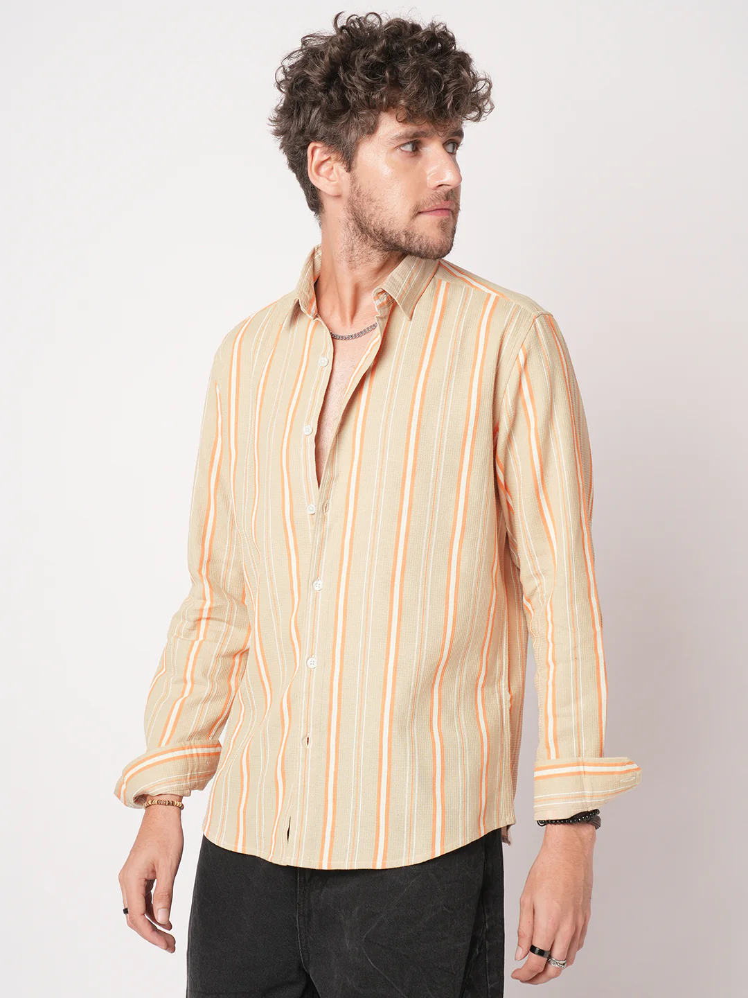 Sand Beige & Orange Striped Waffle Shirt - Image 6