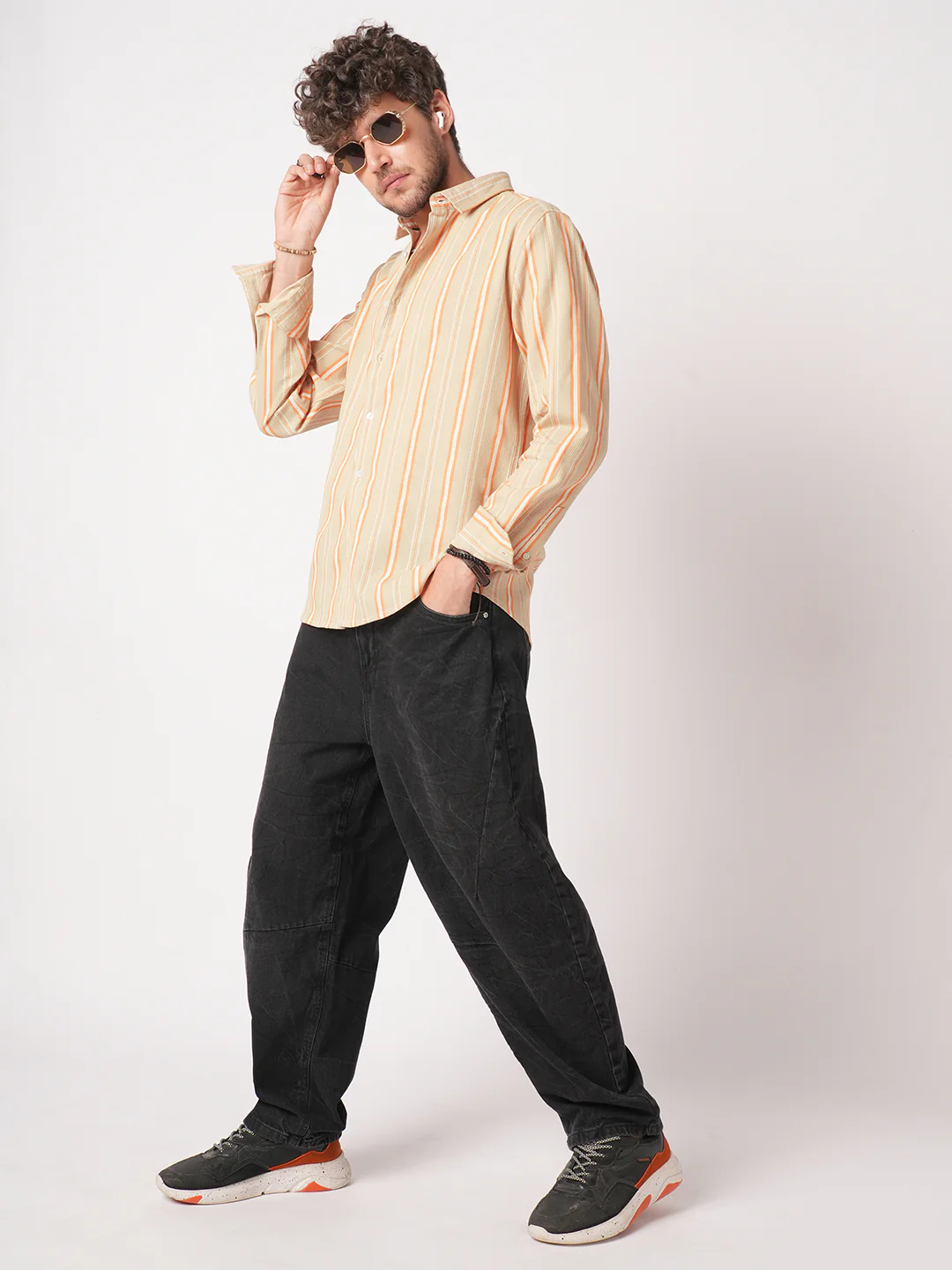 Sand Beige & Orange Striped Waffle Shirt - Image 8