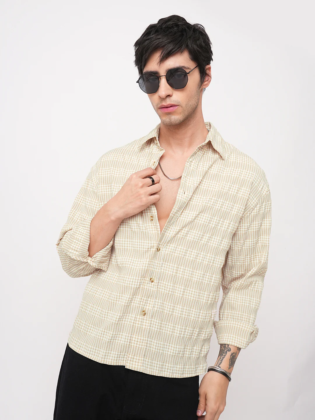Sand Beige Seersucker Checks Boxy Fit Crop Shirt - Image 2