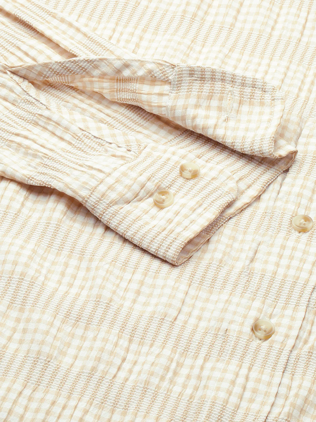 Sand Beige Seersucker Checks Boxy Fit Crop Shirt - Image 3