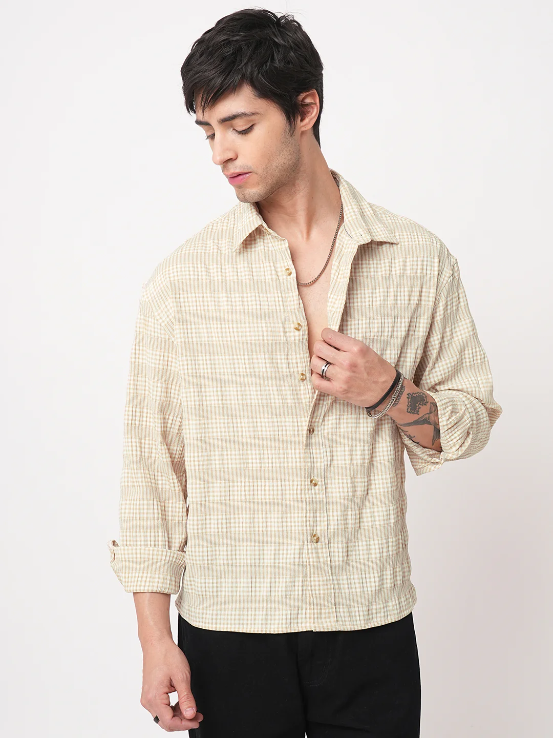 Sand Beige Seersucker Checks Boxy Fit Crop Shirt - Image 4