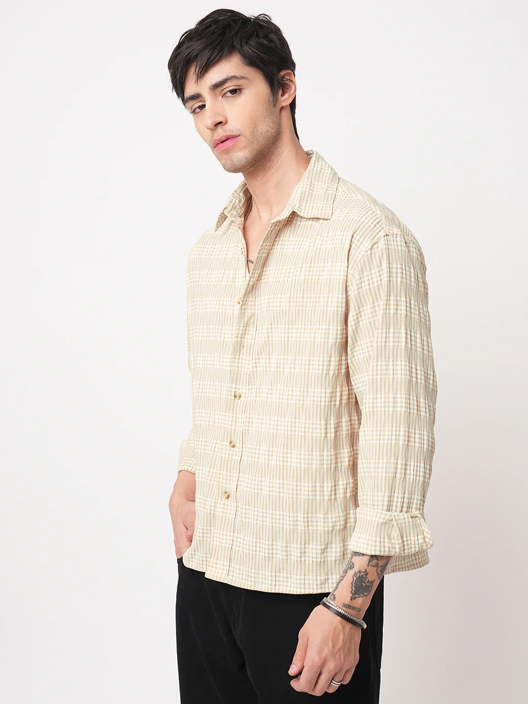 Sand Beige Seersucker Checks Boxy Fit Crop Shirt - Image 5