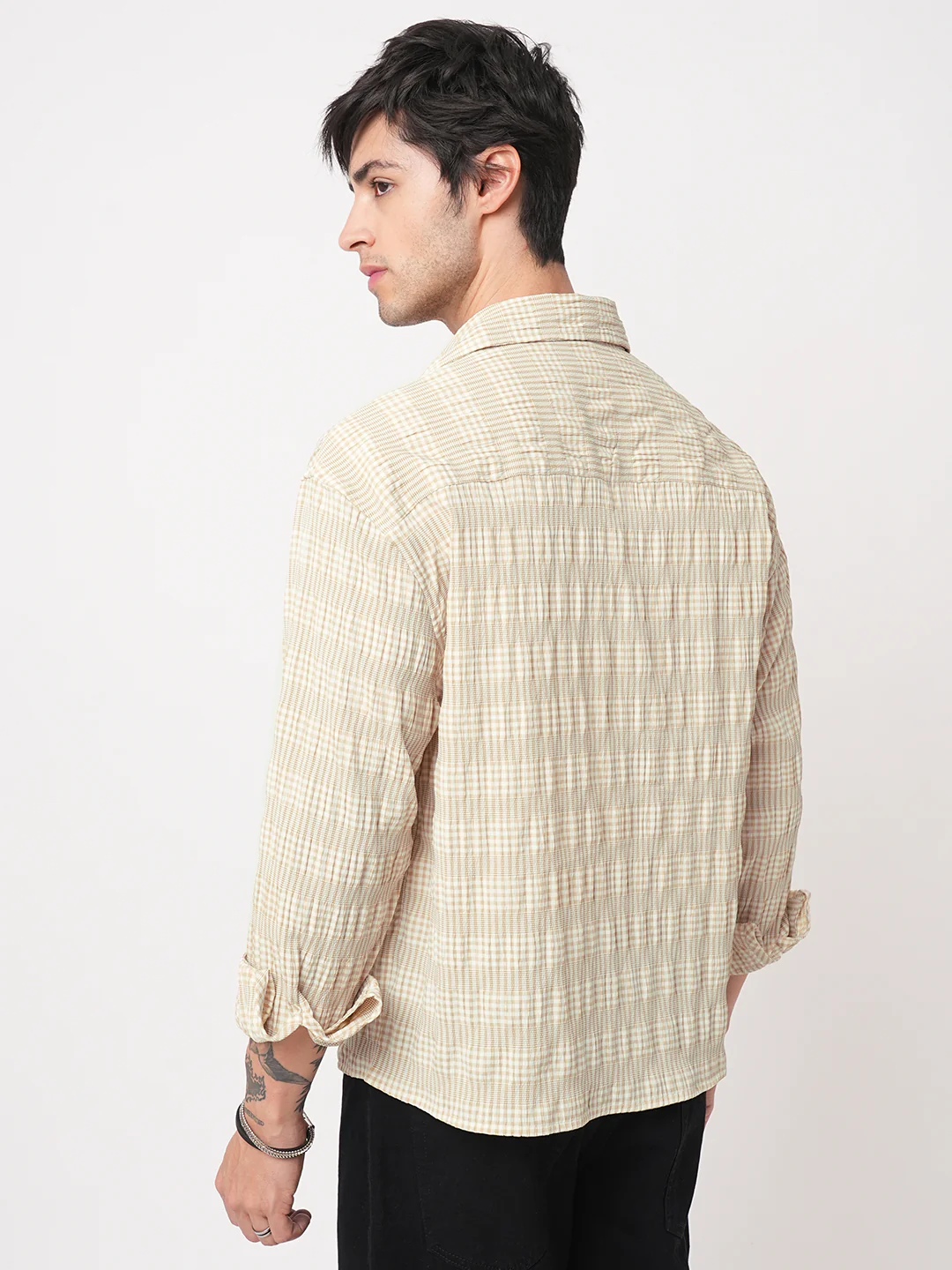 Sand Beige Seersucker Checks Boxy Fit Crop Shirt - Image 6