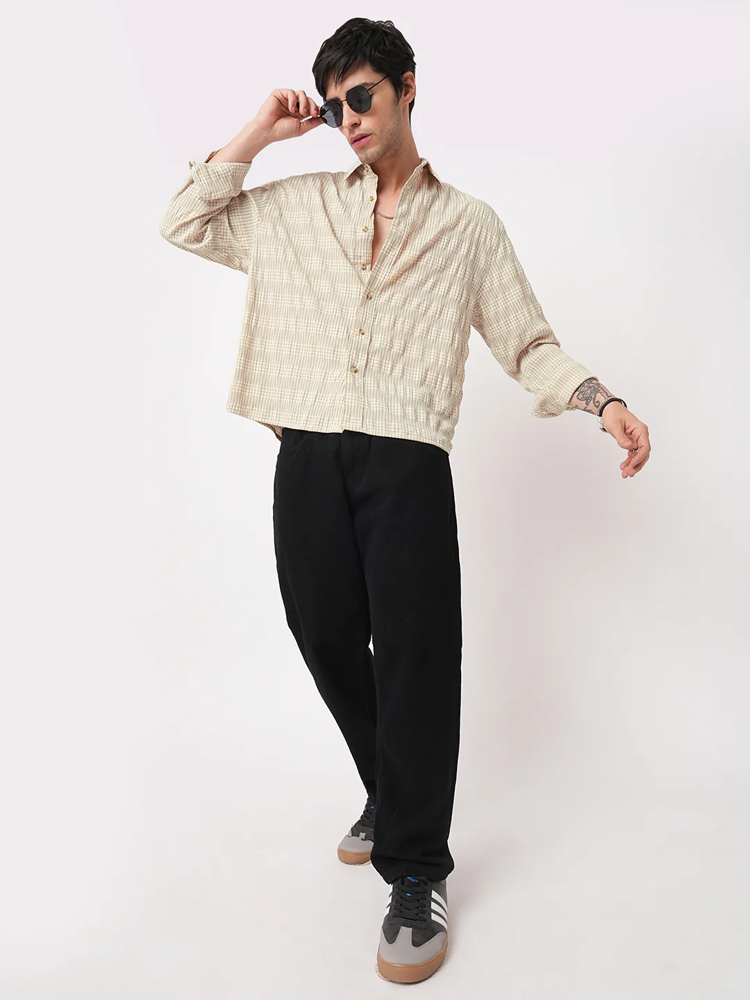 Sand Beige Seersucker Checks Boxy Fit Crop Shirt - Image 7