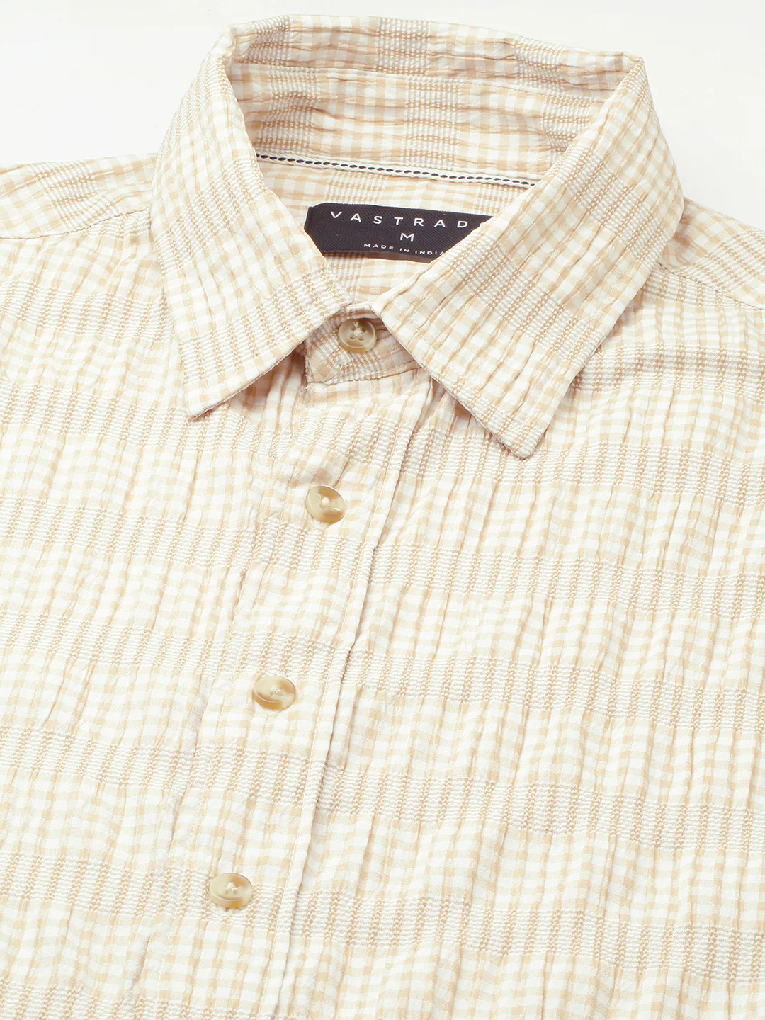 Sand Beige Seersucker Checks Boxy Fit Crop Shirt - Image 8