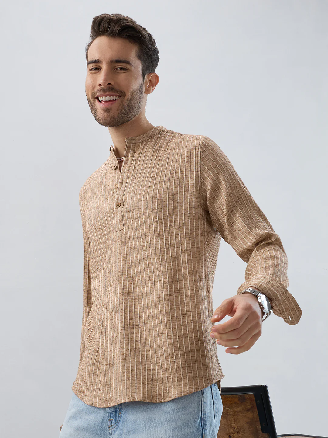 Sand Beige Textured Striped Kurta - Image 2