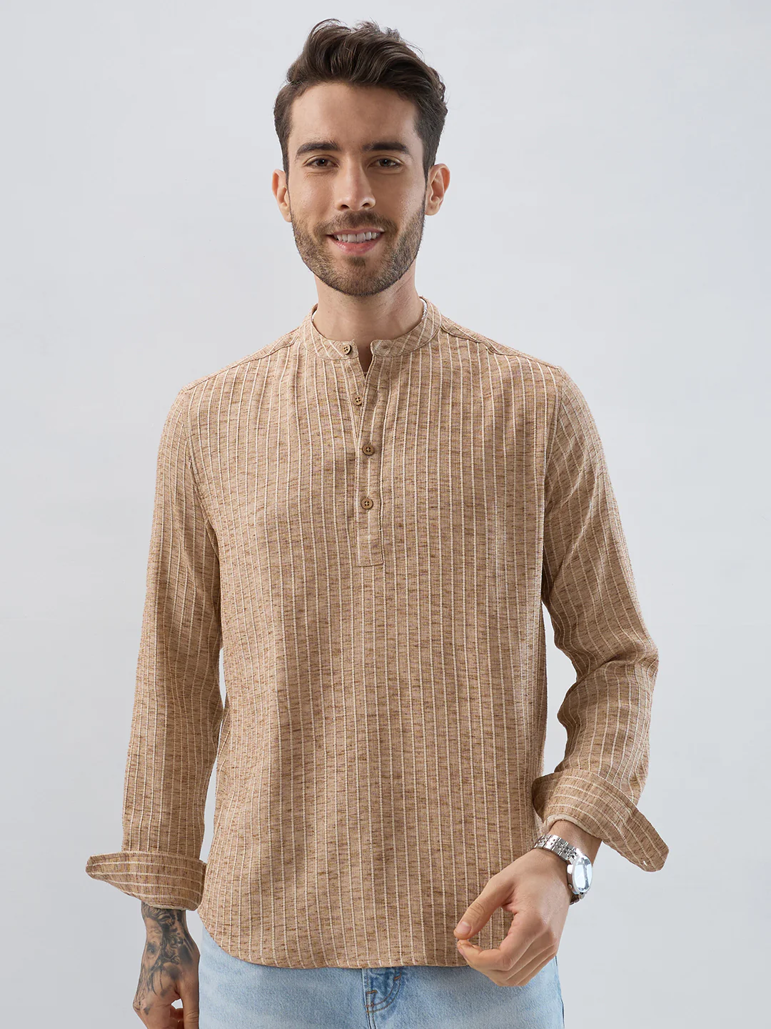 Sand Beige Textured Striped Kurta - Image 3