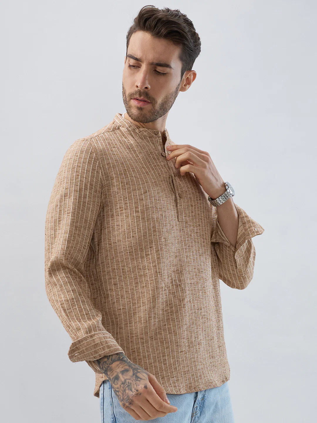 Sand Beige Textured Striped Kurta - Image 4