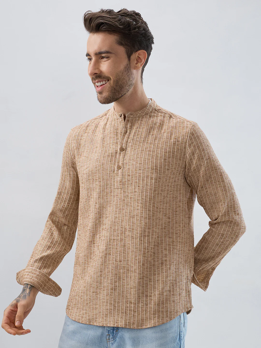 Sand Beige Textured Striped Kurta - Image 5