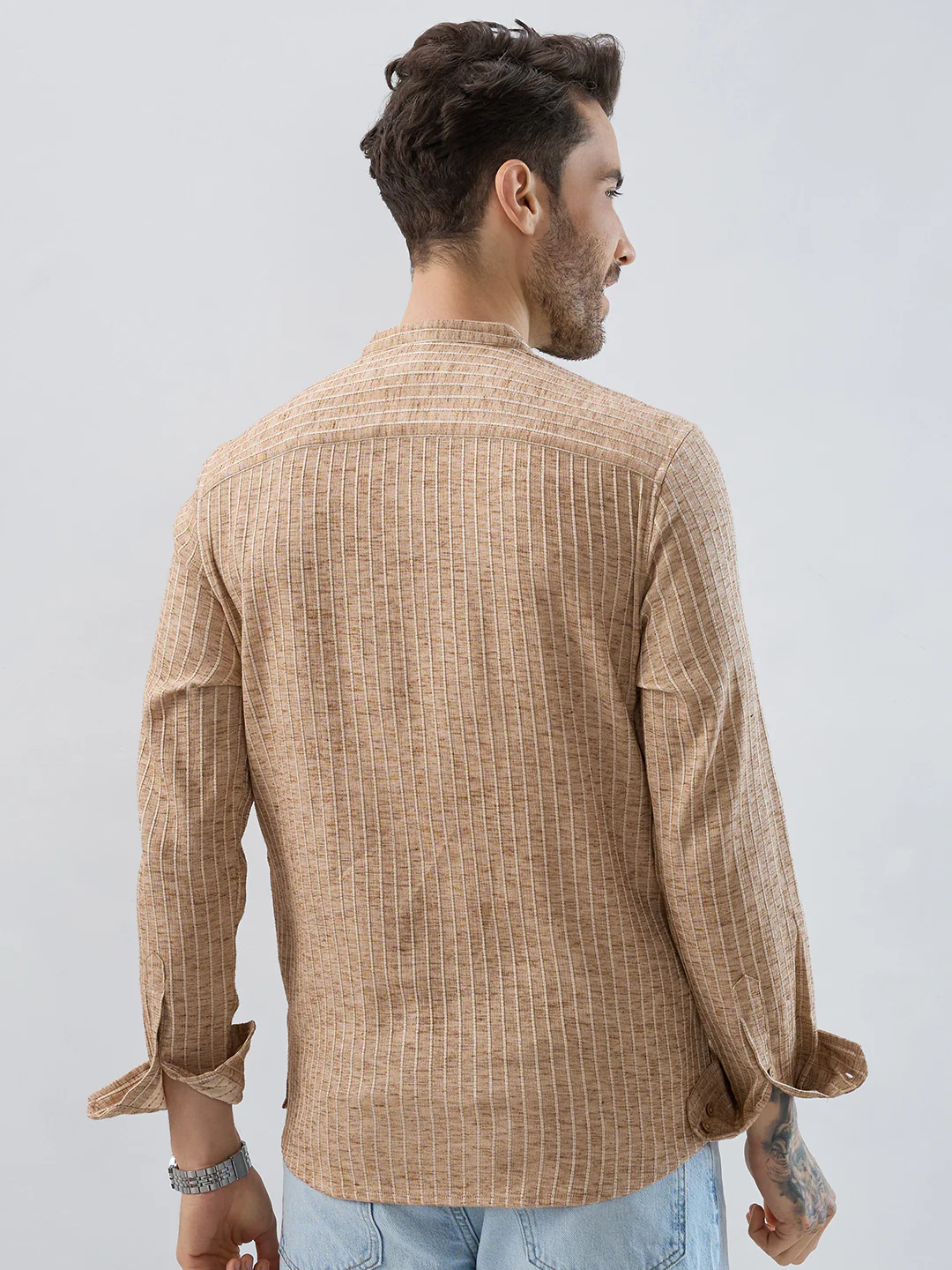 Sand Beige Textured Striped Kurta - Image 6