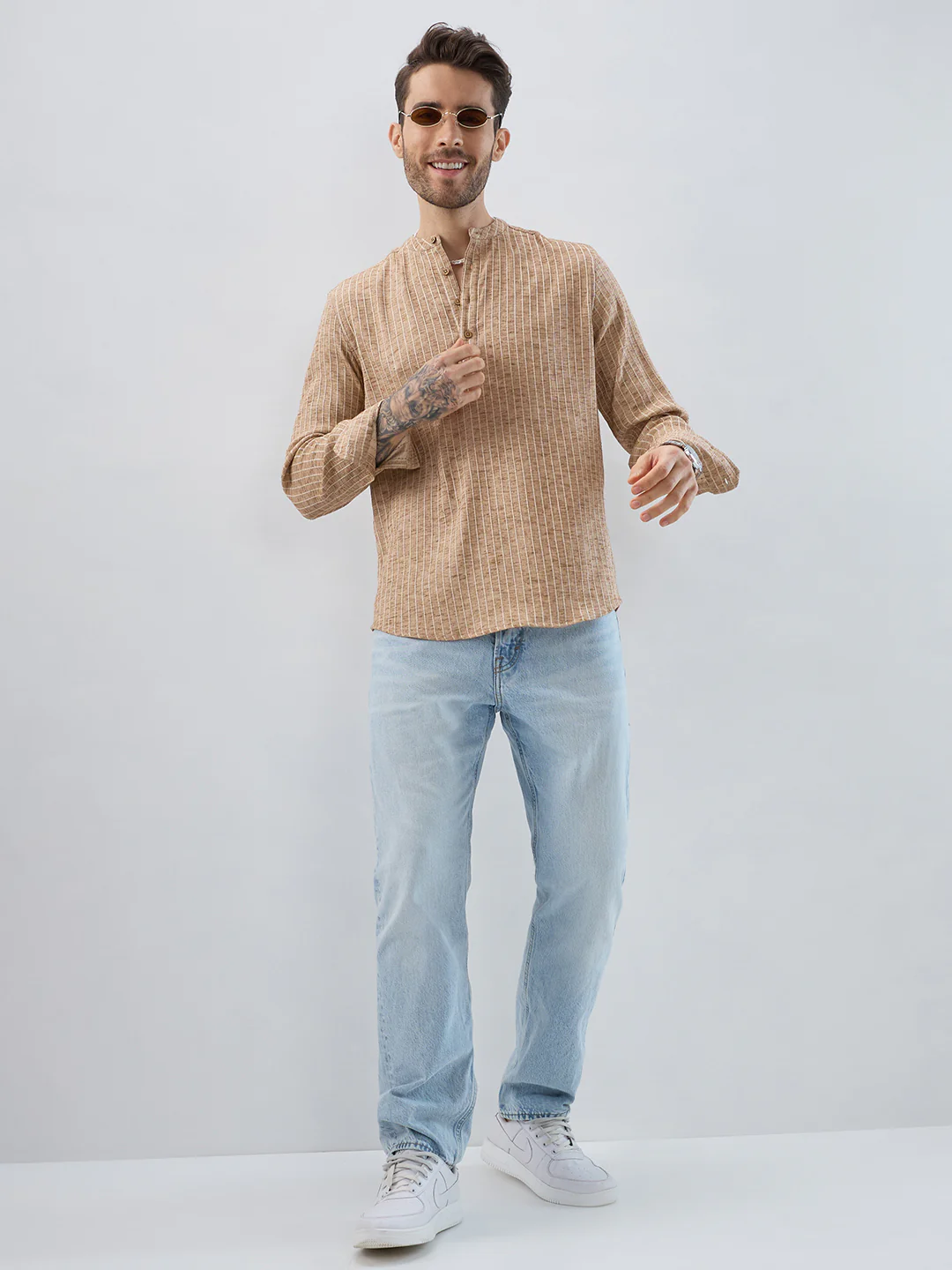 Sand Beige Textured Striped Kurta - Image 7