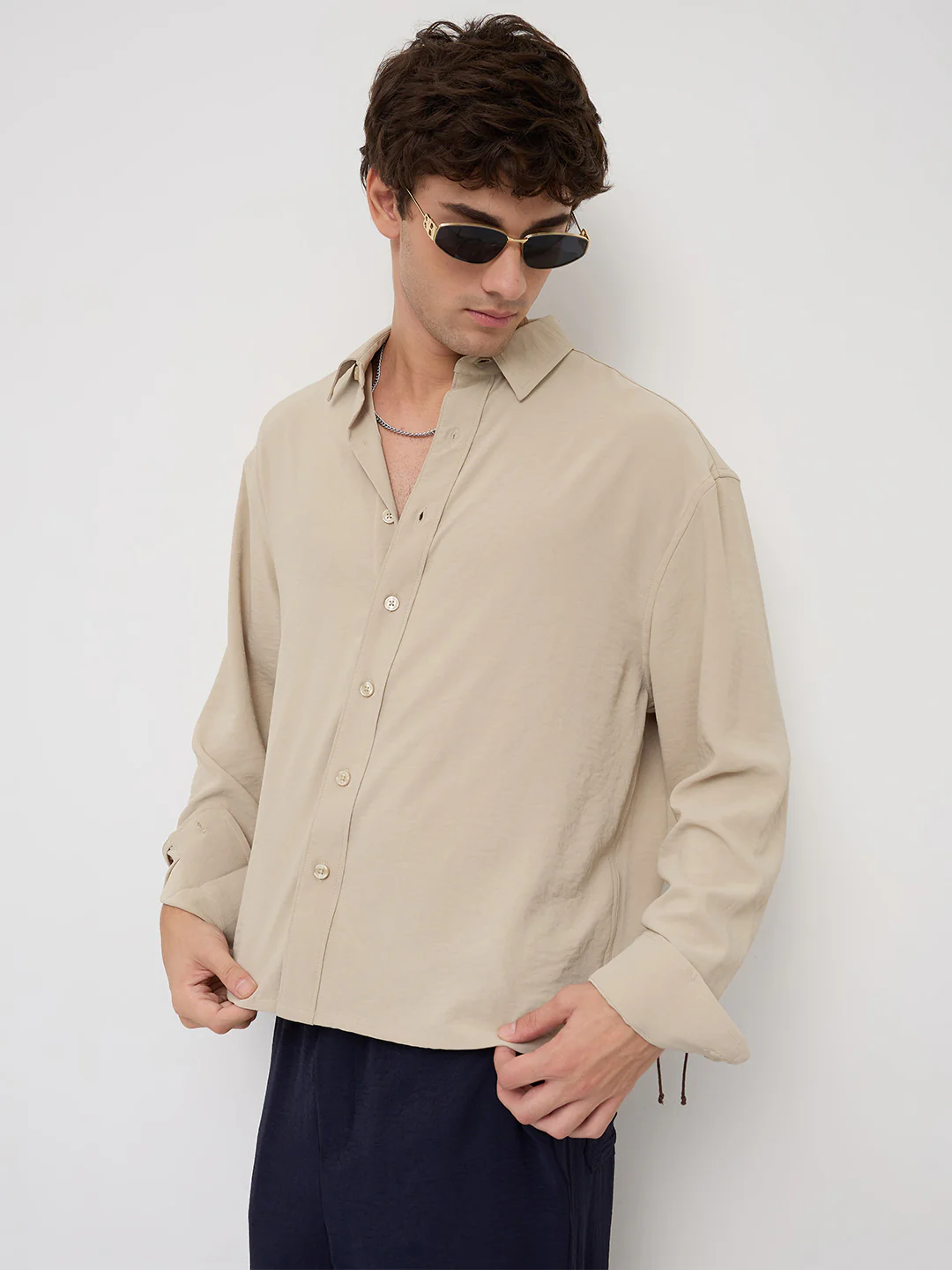 Sand Beige Velour Finish Boxy Fit Crop Shirt - Image 2
