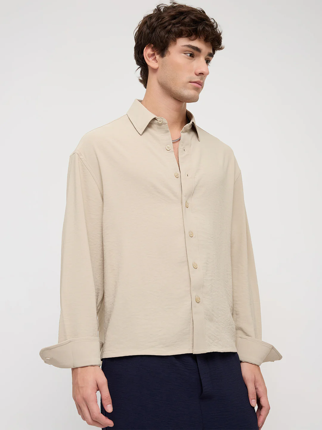 Sand Beige Velour Finish Boxy Fit Crop Shirt - Image 6