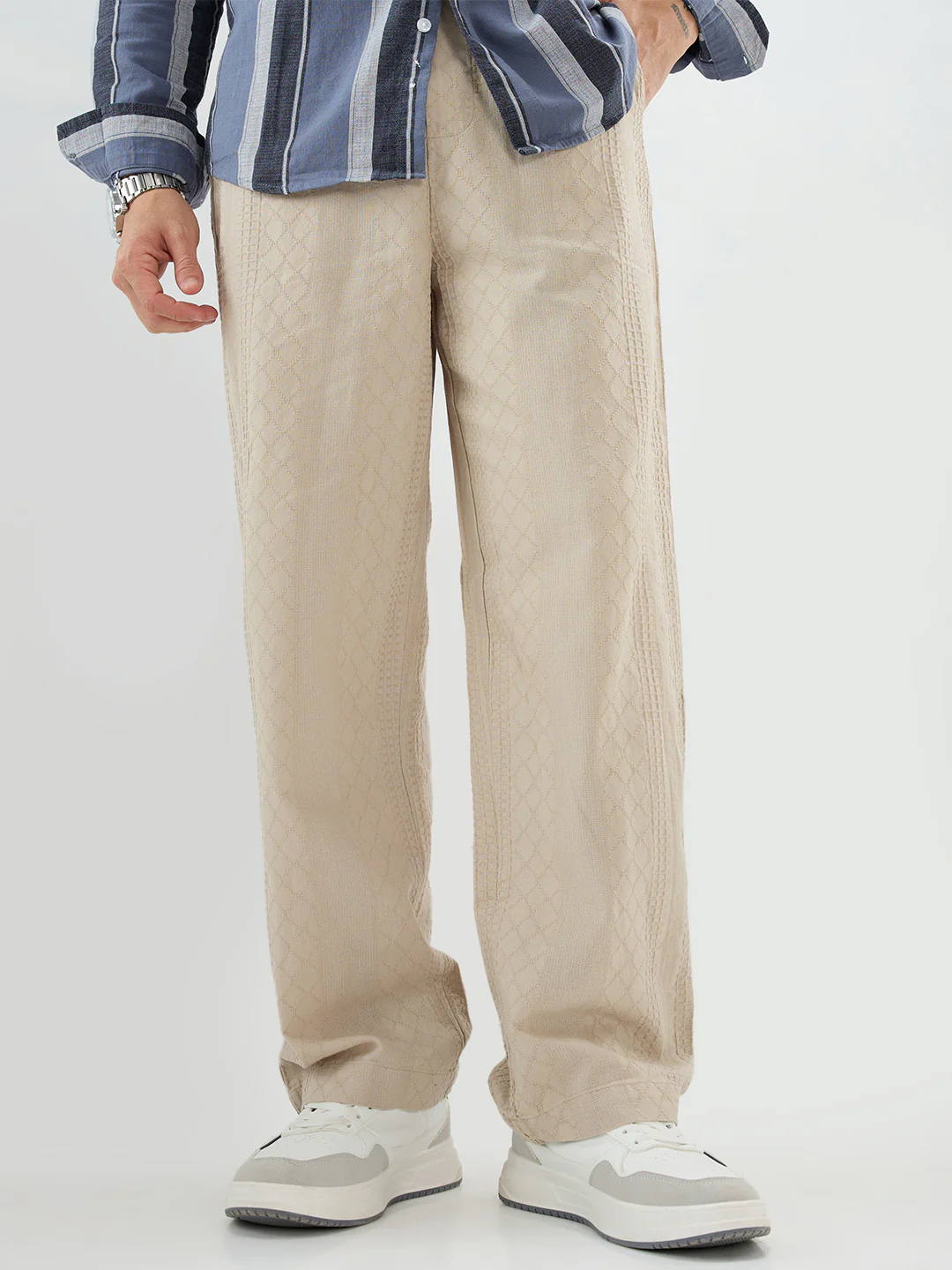 Sand Beige Waffle Textured Straight-Fit Trousers - Image 2