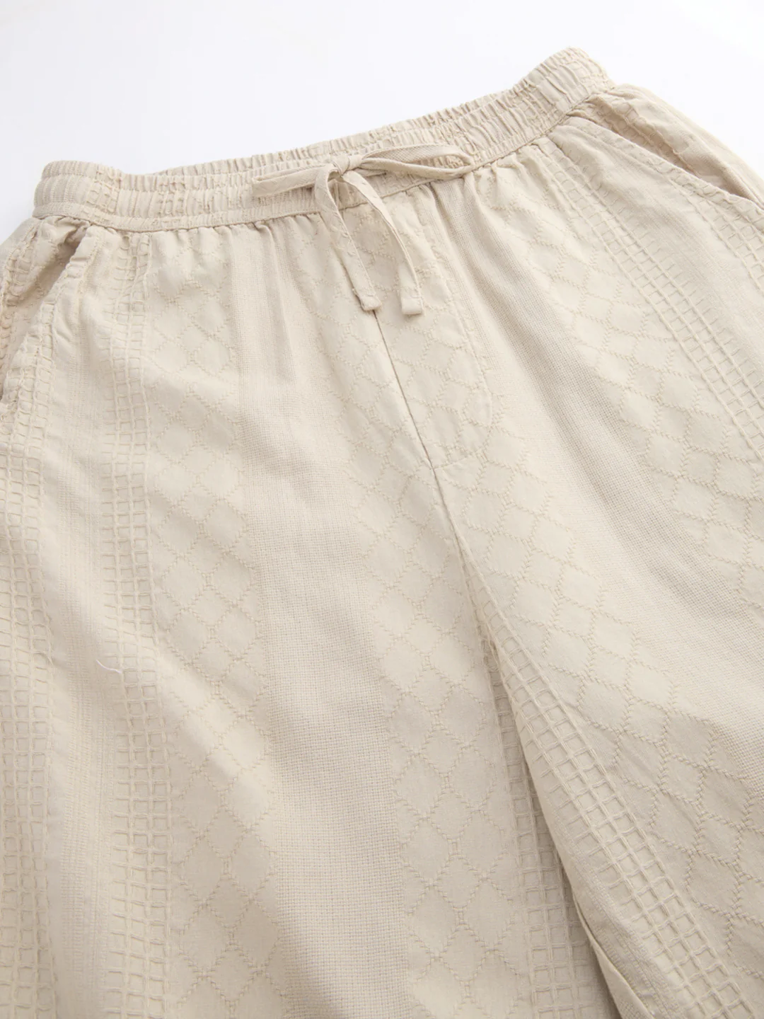 Sand Beige Waffle Textured Straight-Fit Trousers - Image 3