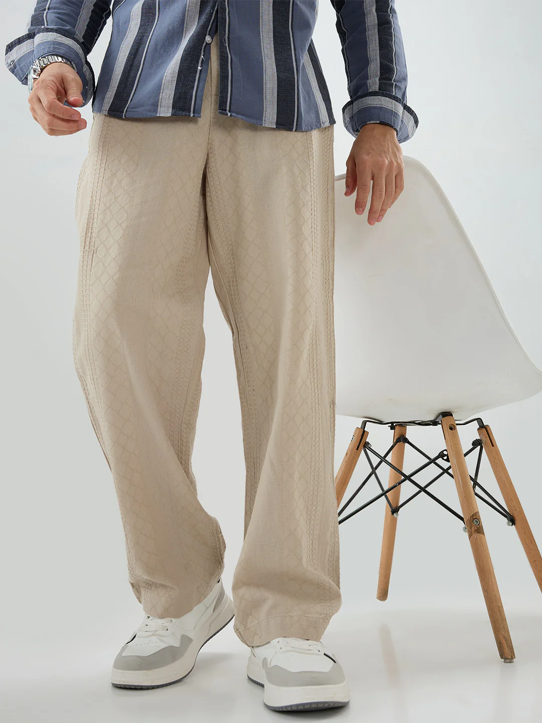 Sand Beige Waffle Textured Straight-Fit Trousers - Image 4