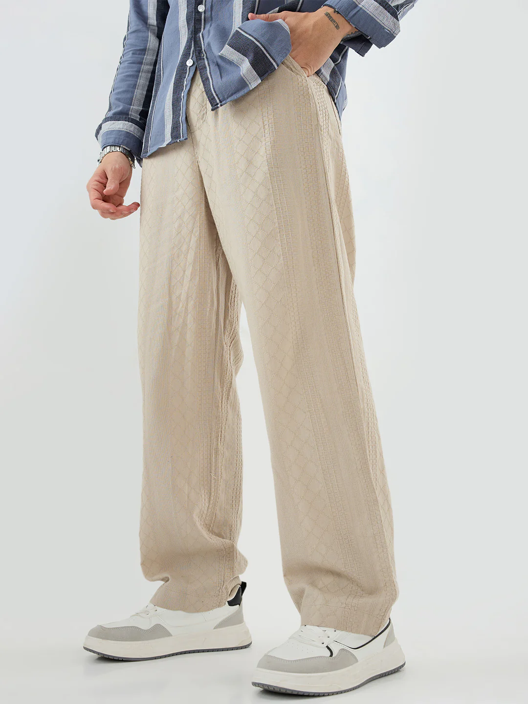 Sand Beige Waffle Textured Straight-Fit Trousers - Image 5